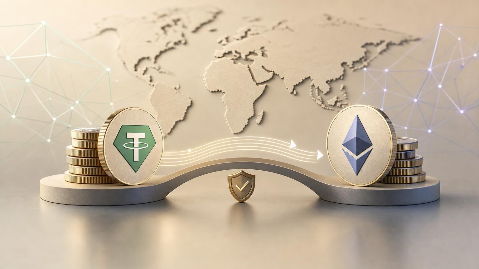 A pre-transaction safety card comparing USDT deposit details, blockchain networks, an Ethereum address and exchange order fields